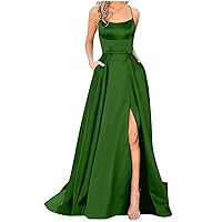 Women Slit Floor Length Bridesmaid Gowns Cross Spaghetti Strap Backless Satin Pleated Prom Formal Dress with Pockets