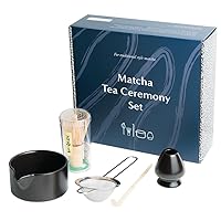 Naoki Matcha Complete Matcha Tea Ceremony Set - Includes: Bamboo Matcha Whisk & Stainless Steel Tea Scoop, Large Stainless Steel Sifter, Black Stoneware Bowl with Spout