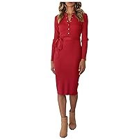 Women's Dresses Casual Fashion Solid Color Long-Sleeved Slim V-Neck Single-Breasted Dress