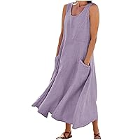 Sleeveless Linen Dresses for Women, 2023 Summer Pocket Dress Casual Scoop Neck Tank Dress Trendy Loose Fit Sundress