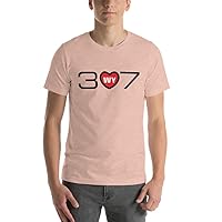 Wyoming Area Code 307 with Center Red Heart Design. Unisex t-Shirt, Light Colors