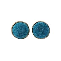 Beautiful Sky Blue Druzy Gemstone Earrings | Stud Earrings | Gold Plated Earrings | Collet Sett | Natural Druzy Earrings | Gift For Love | Earring For Wife | 244201N, 10 MM, Brass, Sugar Druzy