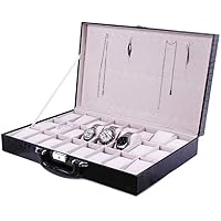 Watch Box Watch Box - 24 Slots Watch Jewellery Display Storage Box Case Bracelet Tray Faux Leather Black Watch Organizer Collection