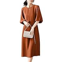 Women Midi Dress Half Puff Sleeve Neck Sundress Solid Holiday Belted Waisted Elegant Autumn Casual Robes