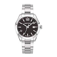 Philip Stein Analog Display Wrist Swiss Quartz Traveler Men Smart Watch Stainless Steel Silver Clasp Chain with Black Dial Natural Frequency Technology Provides More Energy - Model 92-CBK-SS