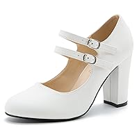 Women's Mary Jane Dress Shoes Double Strap Closed Round Toe Block High Heel Pumps