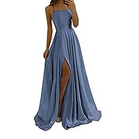 Women's Solid Color Evening Dress Sexy Back Hollowed Out Chiffon Front Piece Slit Dress 1920 Dresses (6-Light Blue, XL)