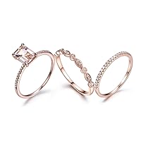 Pink Morganite Engagement Claw Ring Set 6x8mm Emerald Cut Stone 14k Rose Gold Diamond Matching Band 3pcs