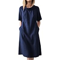Women's Summer Dress Ladies Fashion Solid Color Casual Loose Cotton Linen Short Sleeve Round Neck Dresses(Blue,3X-Large)