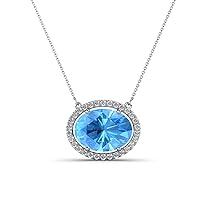 Oval Cut Blue Topaz & Round Natural Diamond 3.30 ctw Women East West Halo Pendant Necklace 14K Gold