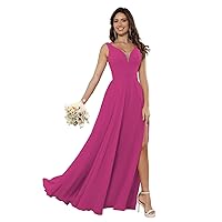 A Line V Neck Sleeveless Bridesmaid Dress for Women, Long Chiffon Formal Evening Party Gown with Side Slit