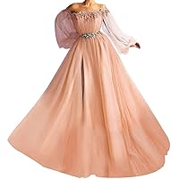 Tsbridal Puffy Long Sleeve Prom Dresses Tulle Ball Gowns for Women Formal Party Dress Split Beaded