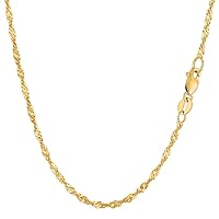 14K Yellow or White Gold 2.1mm Shiny Diamond-Cut Classic Singapore Chain Necklace for Pendants and Charms with Lobster-Claw Clasp (7