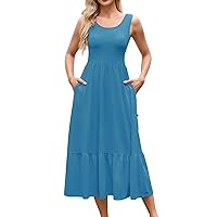 Sundresses for Teens Long Dresses for Women 2024 Solid Color Simple Classic Casual with Sleeveless Square Neck Tunic Dress Turquoise Medium