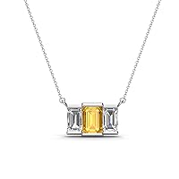 Emerald Cut (6x4 mm) Citrine & Natural Diamond 1 1/4 ctw Women Three Stone Pendant Necklace 14K Gold