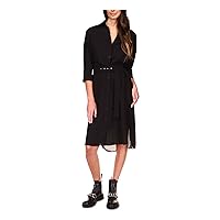 Michael Kors Womens Black Belted Textured Vented Sides Unlined Sheer 3/4 Sleeve Collared Midi Shirt Dress S