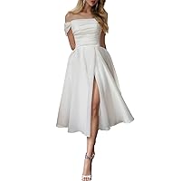 A-Line Reception Wedding Dress Off Shoulder Cap Sleeve Tea Length Bridal Gowns Reception Dress with Solid Color 2024