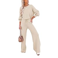 Pink Queen Women's 2 Piece Outfit Sweater Set Long Sleeve Crop Knit Top and Wide Leg Long Pants Sweatsuit