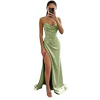 Women's Halter Slit Satin Prom Dresses 2023 Long Bridesmaid Dress Ruched Formal Evening Party Gown