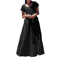Women Short Sleeve Crew Neck Maxi Dress Vacation Pleated Tiered Casual Solid Long Robes A-Line