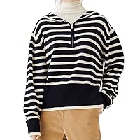 Clef Women's Fashion Sweater Quarter Zipper Zip-Up Stripe Hooded Knit Pullover Loose-fit Winter 2023