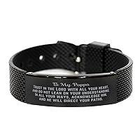 Bible Verse Poppa Gift, Proverbs 3:5-6, Trust in the Lord with all your heart. Christian Black Shark Mesh Bracelet for Poppa. Christmas Encouragement Gift