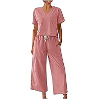 SNKSDGM Women 2 Piece Outfit Lounge Set Cotton Linen V Neck Short Sleeve Shirt & Wide Leg Pant Yoga Outfits Matching Set