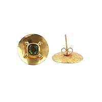 Green Peridot Gemstone Brass Stud Earrings Lightweight Half Bezel Setting Gold Plated Push Back Jewelry.