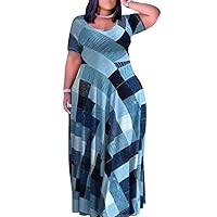 Plus Size Mixed Print Maxi Dress - Denim Styles for Casual Wear Round Neck Short Sleeve