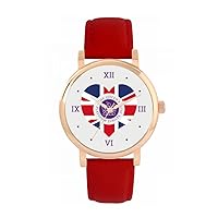 Queen's Platinum Jubilee Union Jack Heart Watch 2022 for Women, Analogue Display, Japanese Quartz Movement Watch with Red Leather Strap, Custom Made