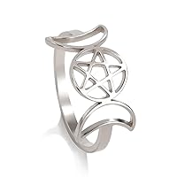 TEAMER Stainless Steel Triple Moon Goddess Ring Amulet Wicca Pentagram Ring Pagan Jewelry for Women