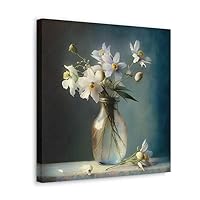 Living Room Decor Canvas Wall Art Framed Wall Decoration Modern Gallery Wall Decor Print White Flower in Blue vase Theme Picture Artwork for Walls Ready to Hang for Kitchen Bedroom Decor Size 16x16