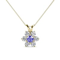 Round Tanzanite & Natural Diamond 7/8 ctw Women Floral Halo Pendant Necklace. Included 18 Inches Chain 14K Gold