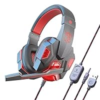 Wired Gaming Headset with Microphone for PS4 PC Xbox One PS5 Controller, LED Light, Bass Surround, for Laptop Computer,Switch,Mobile,Noise Cancelling Over Ear Headphones(Black-Red)