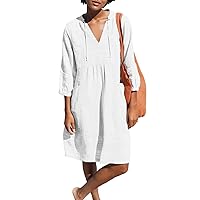 Women Cotton Linen V Neck Midi Length Dress Summer Half Sleeve Beach Dress with Pocket