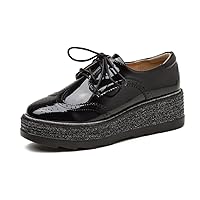 Women's Vintage Platform Lace Up Perforated Brogues Wingtip Square Toe Chunky Heel Wedge Oxford Shoes