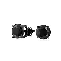 Black Round Solitaire Cubic Zirconia Stud Earrings For Men Women CZ Screw back Black Plated Sterling Silver 5 6 7 8 9 MM