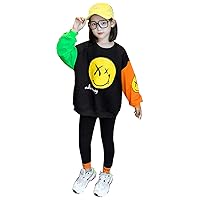 Girls Contrast Color Pullover Activewear Sportsuit Printed Shirt Top + Pants