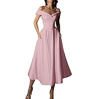 A-Line Cute Evening Dress Off Shoulder Cap Sleeve Tea Length Party Dresses Reception Dresses Sashes/Ribbons 2024