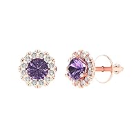 1.18ct Brilliant Round Cut Halo Studs Simulated Alexandrite Solid 18k Rose Gold Earrings Screw back