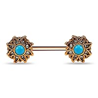 Turquoise Bead Flower with Crystal Stone Nipple Bar- Nipple Piercing Bar- Nipple Jewelry- 14G Nipple Ring