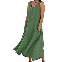 Womens Maxi Dresses Summer Casual Cotton Linen Sundress with Side Pockets Loose Flowy Swing Sleeveless Vacation Long Dress