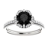 Trendy 1 CT Round Black Blooming Flower Engagement Ring, Blooming Rose Black Onyx Ring, Halo Floral Black Diamond Ring, Nature Inspired Ring, 10K White Gold, Perfact for Gifts