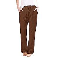 Linen Pants Women Summer,Wide Leg Pants for Women Cotton Hemp Drawstring Solid Straight Leg Women's Pants Pockets