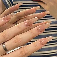 Foccna Coffin Press on Nails Nude Long Acrylic Artificial Nails Simple Glossy Fake / False Nails with Glossy Ballerina Nails for Women and Girls,24Pcs