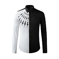 通用 Men's Shirt Black and White Colorblock Lightning Print Business Men's Long Sleeve Shirt