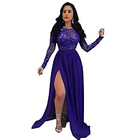 Women's Sparkle Sequined Mesh Open Back Slit Long Sleeve Sexy Maxi Party Dress