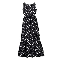 Womens Summer Dress Sleeveless Strap Adjustable Backless Side Hollow Out Sundress Polka Dot Long Dress (as1, Alpha, s, m, Regular, Regular, Black, S)