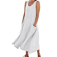 Round Neck Solid Linen Dresses for Women,Casual Loose Sundress with Pockets,Sleeveless Tank Plus Size Dress