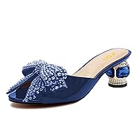 FSJ Women Luxury Crystal Chunky Heeled Mules Rhinestone Bow Peep Toe Slip On Backless Gem Slide Sandals Summer Slipper Dress Shoes Size 4-15 US
